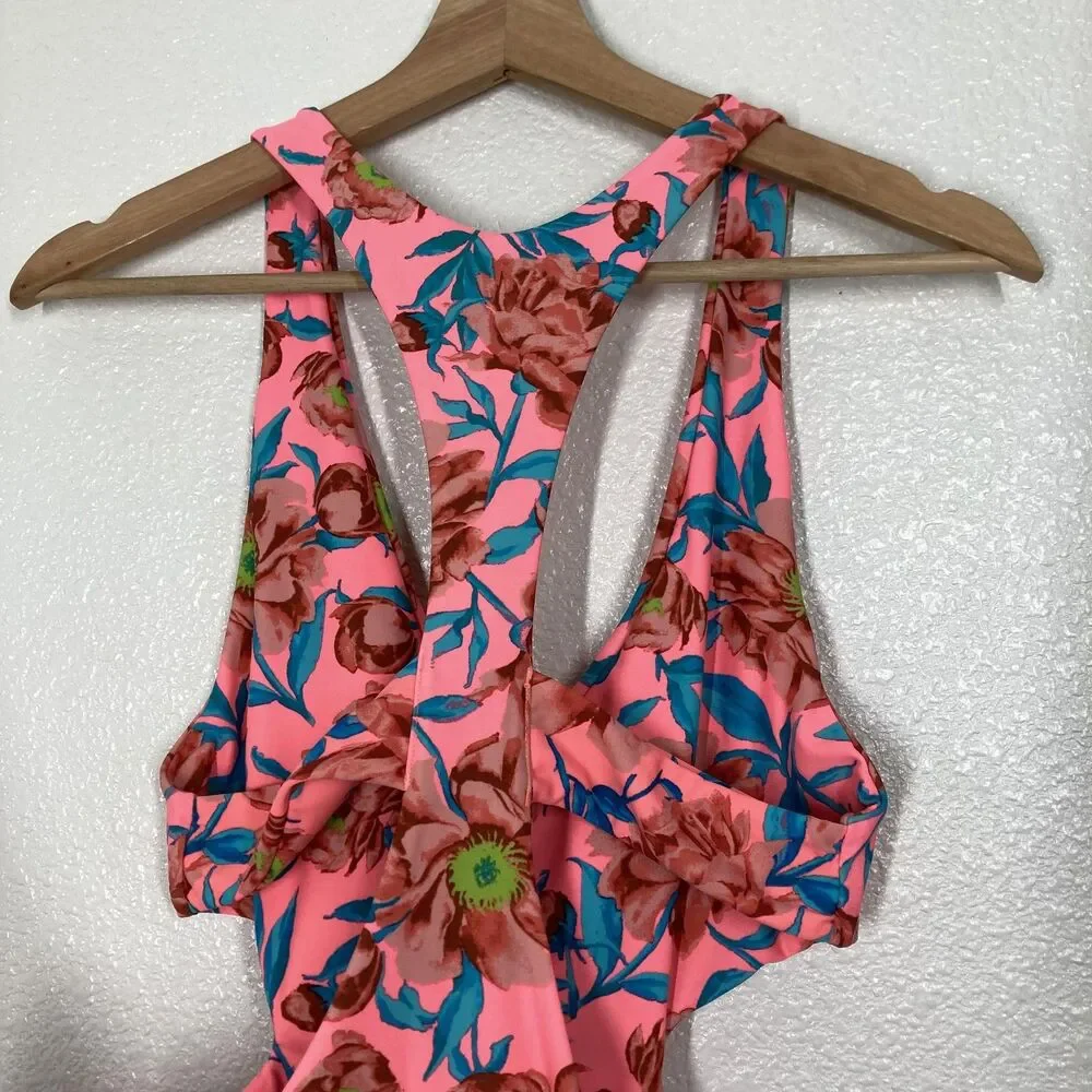 Tori Praver One Piece Swimsuit Womens Large Pink Floral Cutout Monokini Tropical